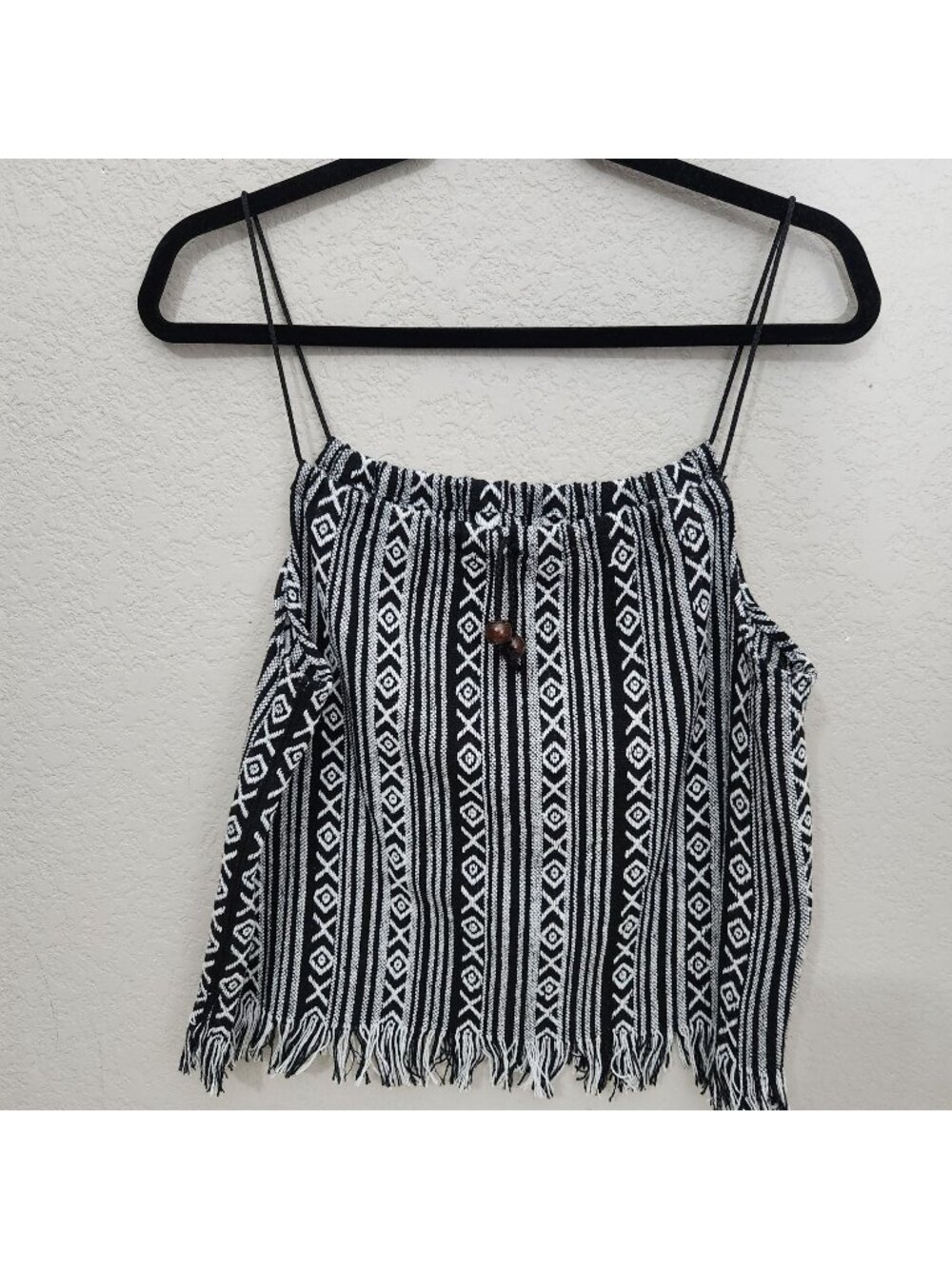 Black & White Boho Fringe Crop Top With Geometric Pattern And Wooden Bead Accent